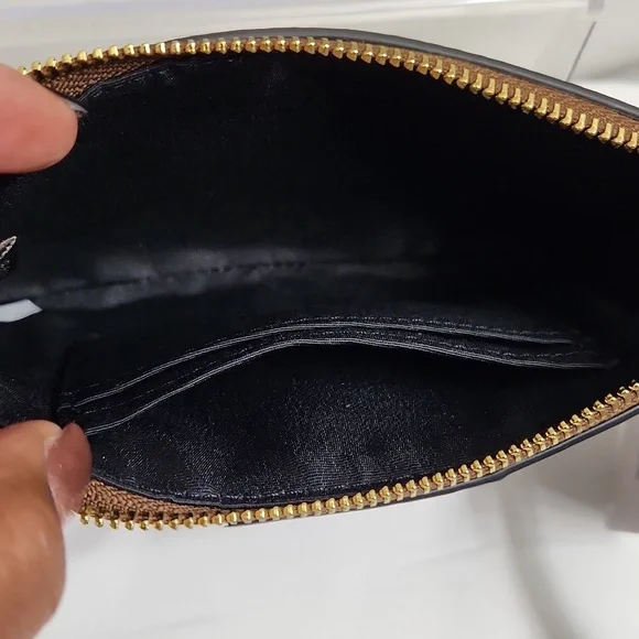 Coach Signature PVC Leather Zipper Khaki Black Small Wristlet
